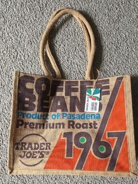 NWT Trader Joe's Reusable Burlap Jute Tote Bag Pasadena 1967 Coffee Beans